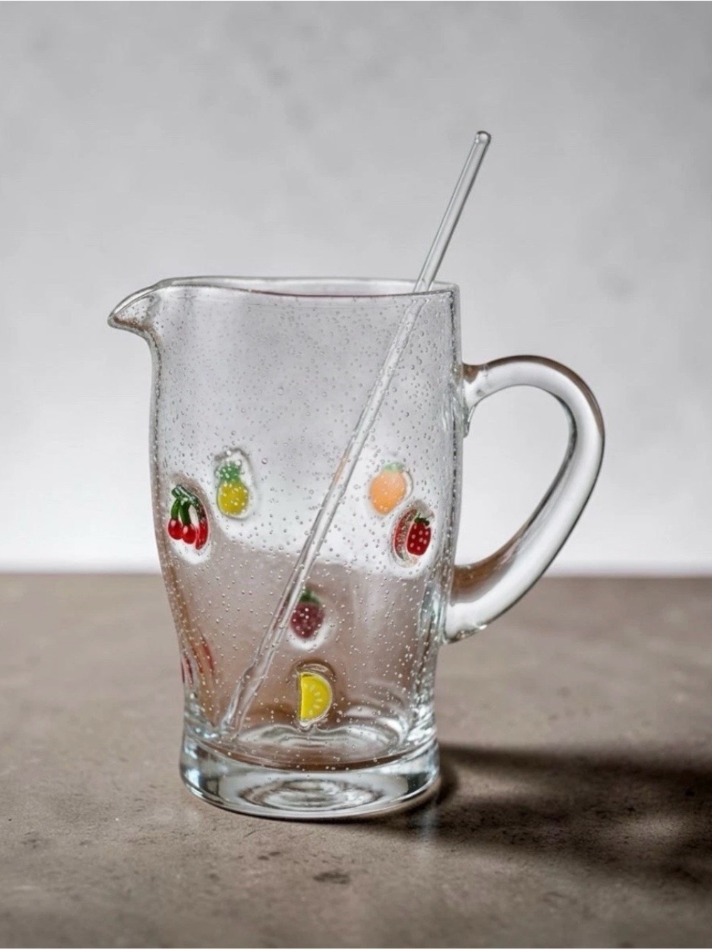 Anthropologie Clear Glass Pitcher with Multicolor Fruit Charms